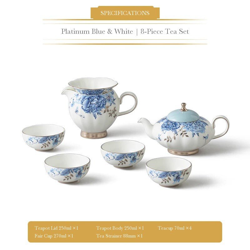 Auratic Platinum Blue & White 8-piece tea set with teapot, fair cup, tea strainer and four 70 ml teacups