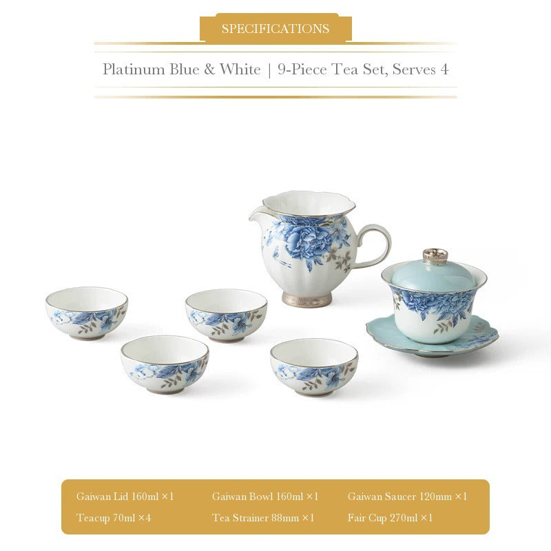 Auratic Platinum Blue & White 9-piece tea set with gaiwan, saucer, fair cup, strainer and four teacups