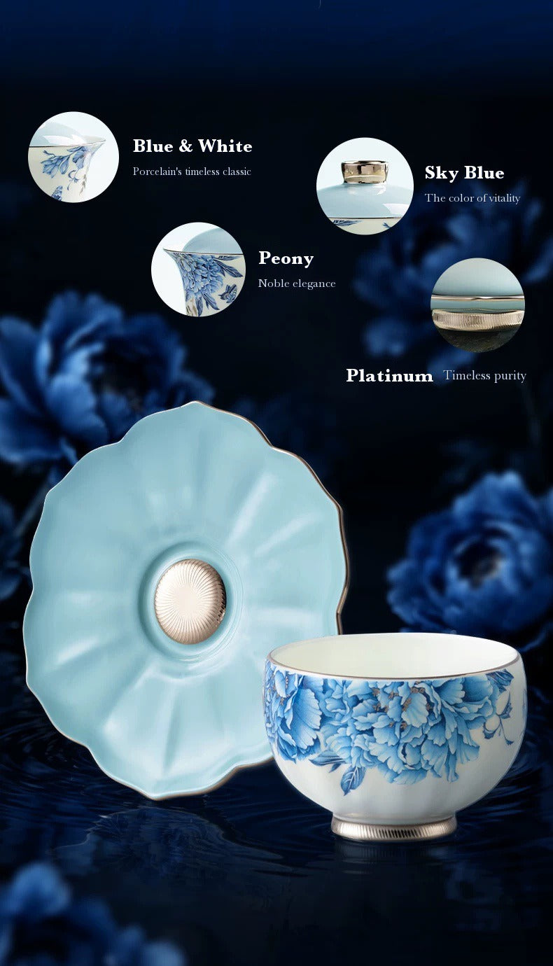 Design details: blue-and-white peony pattern, sky-blue glaze and platinum accents on Auratic porcelain