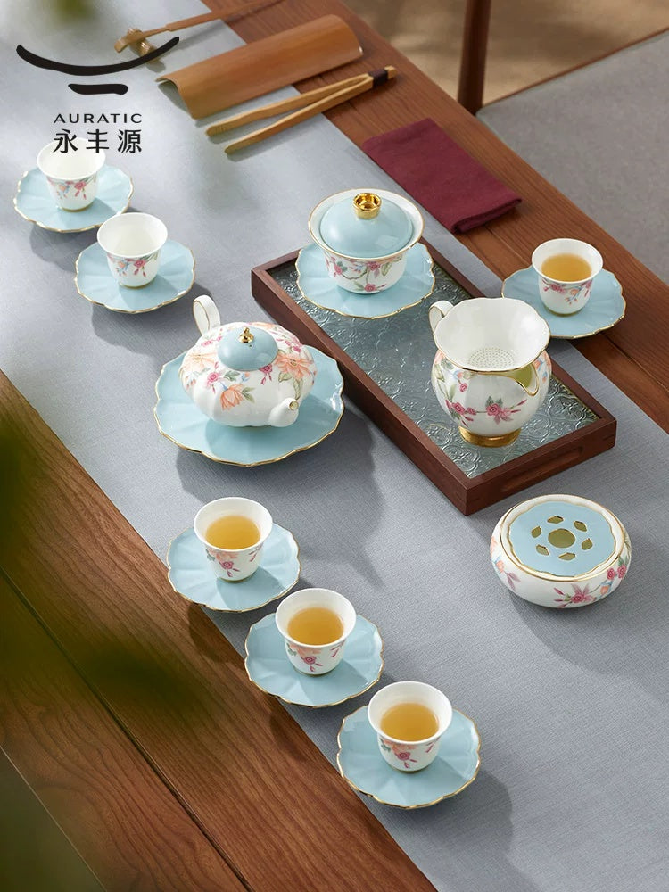 永丰源天青时代茶咖具 AURATIC Celeste Ceramic Tea Set – Bionic Petal Design, Floral Pattern, 4 to 22 Pieces