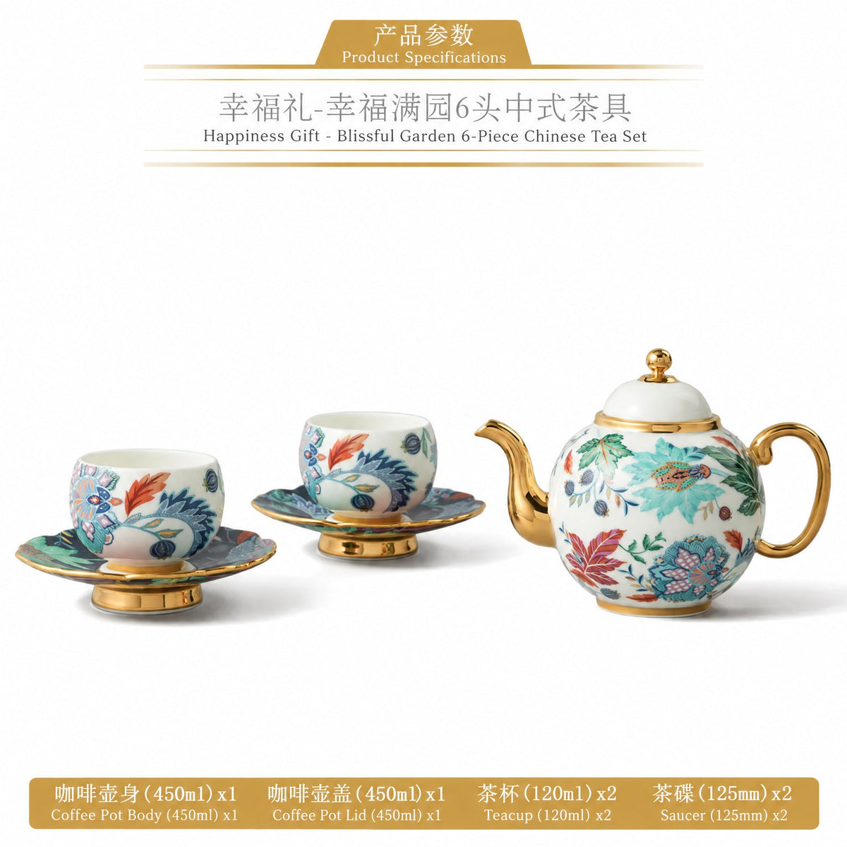 6-Piece Chinese Tea Set (2 Person) - Happiness Garden porcelain, Auratic 永丰源