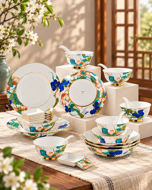 Happiness in Harmony 26-piece porcelain dinnerware set styled on a table