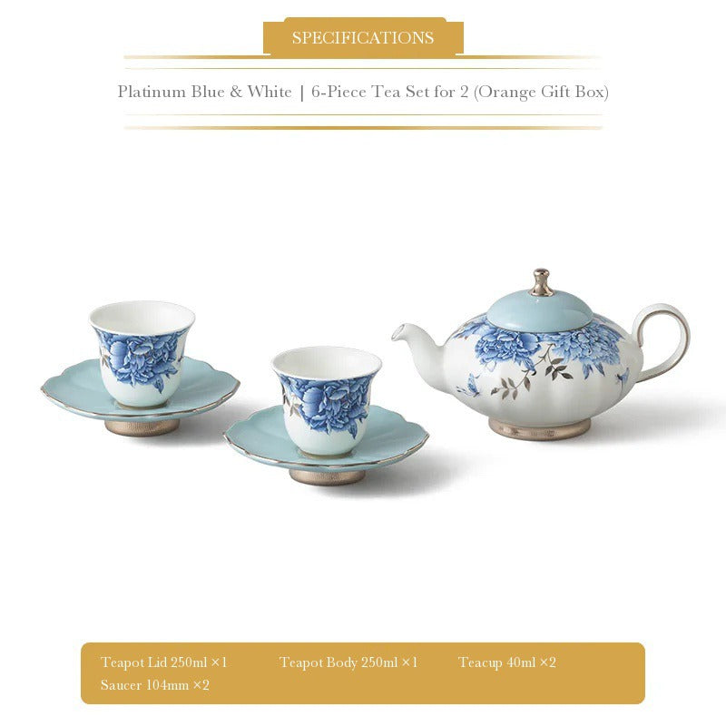 Auratic Platinum Blue & White 6-piece tea set for two with 250 ml teapot, two 40 ml teacups and two 104 mm saucers