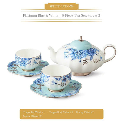 Auratic Platinum Blue & White 6-piece tea set with 550 ml teapot, two 130 ml teacups and two 132 mm saucers