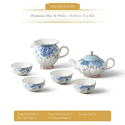 Auratic Platinum Blue & White 8-piece tea set with teapot, fair cup, tea strainer and four 70 ml teacups