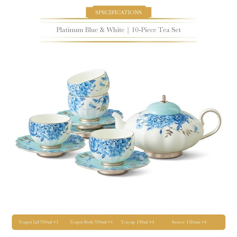 Auratic Platinum Blue & White 10-piece tea set with 550 ml teapot, four 130 ml teacups and four 132 mm saucers
