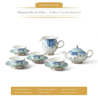 Auratic Platinum Blue & White 12-piece tea set with teapot, fair cup, strainer, four teacups and four saucers