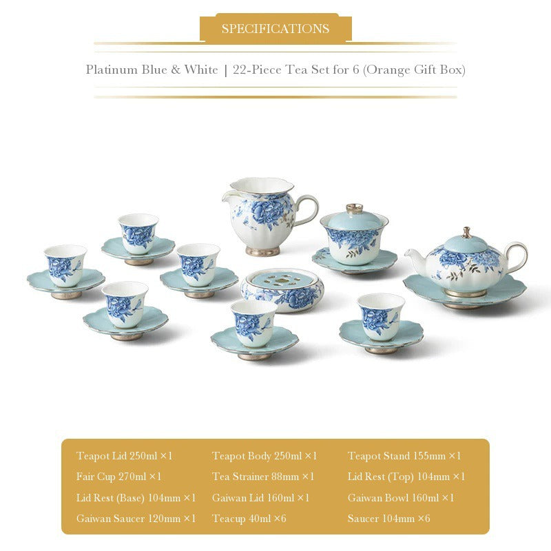 Auratic Platinum Blue & White 22-piece tea set for six with teapot, gaiwan, fair cup, strainer, six teacups and six saucers