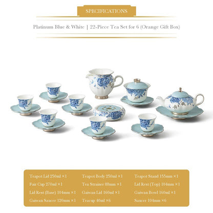Auratic Platinum Blue & White 22-piece tea set for six with teapot, gaiwan, fair cup, strainer, six teacups and six saucers