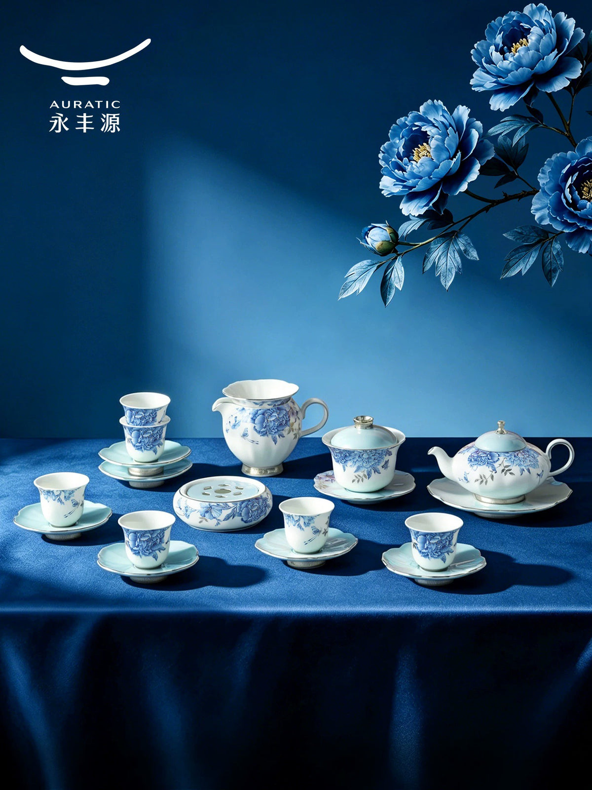 Full Auratic Platinum Blue & White tea service with teapot, gaiwan, fair cup and teacups on blue velvet