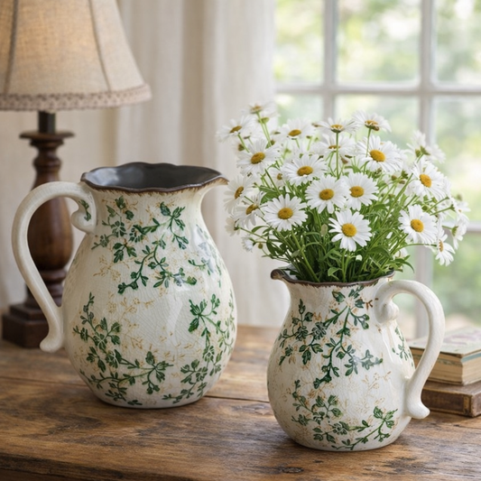 Vintage Floral Ceramic Pitcher Vase