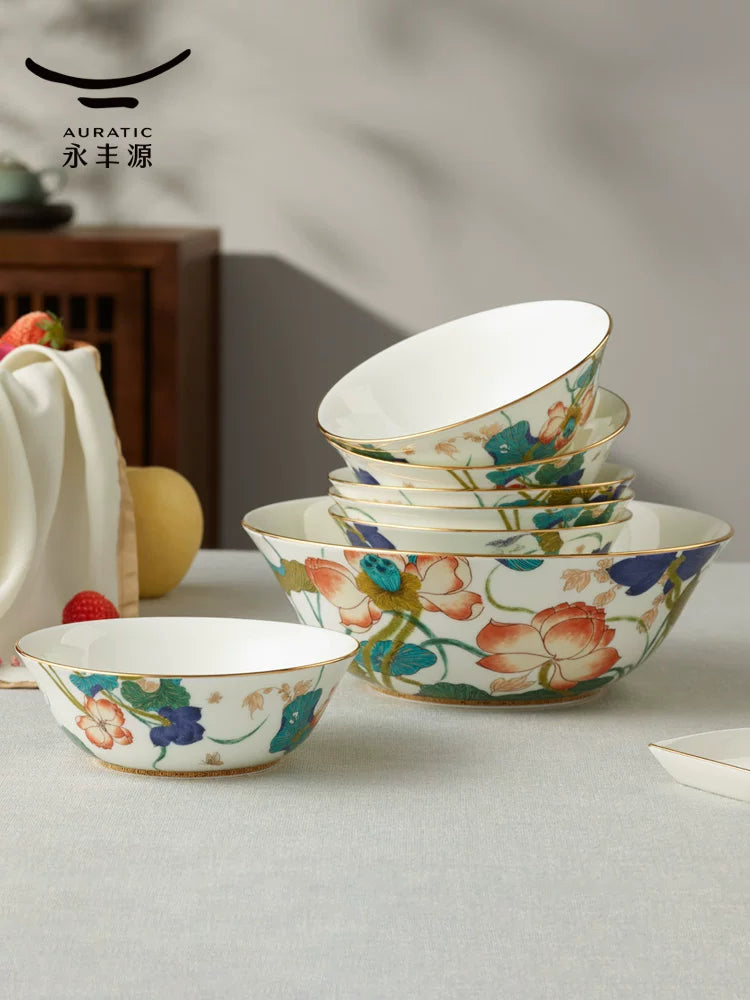 永丰源幸福和鸣碗盘散件 AURATIC Lotus Breeze Ceramic Bowls and Plates – Individual Pieces, Floral Pattern