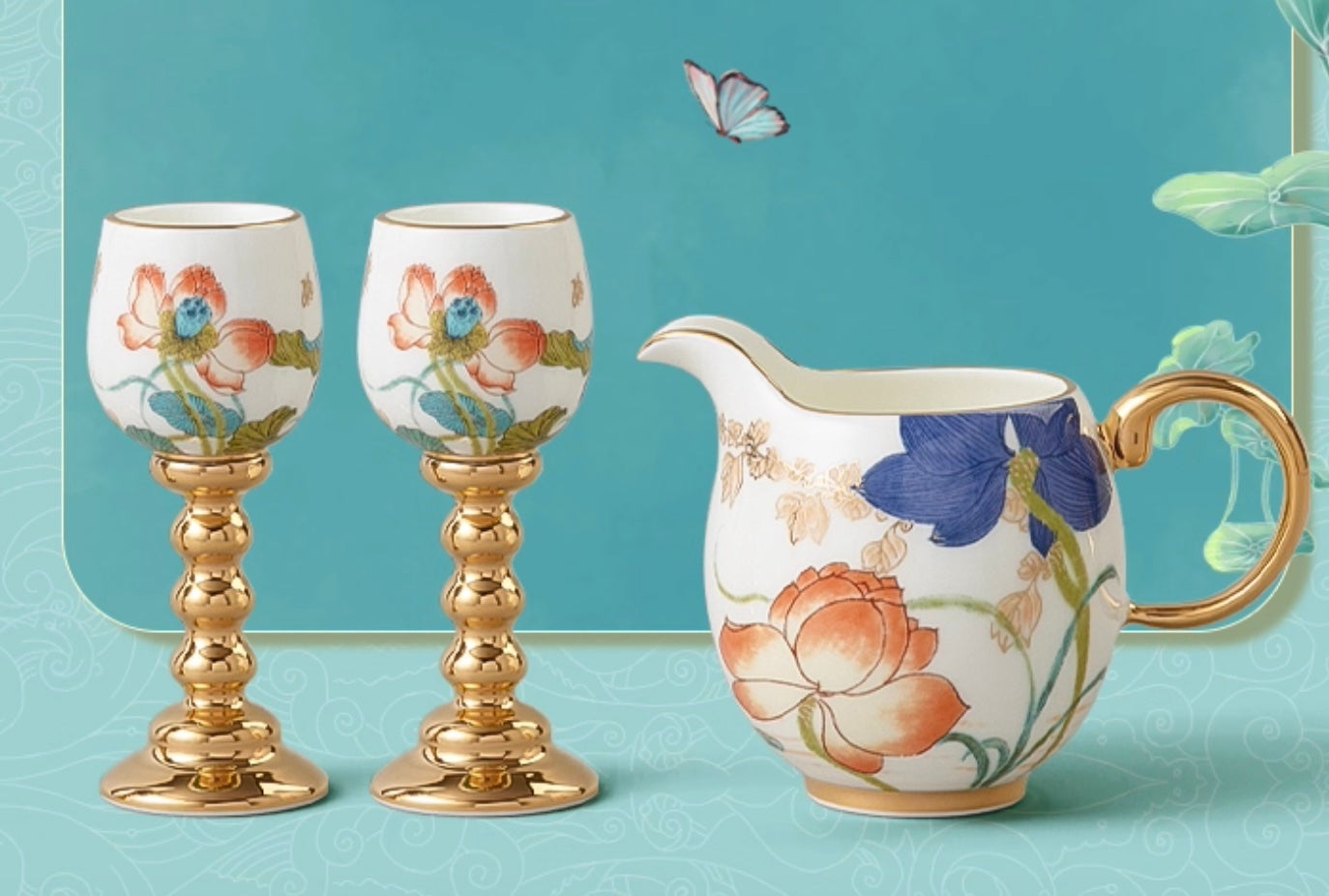 Handcrafted Porcelain Wine Pitcher and Two Cup Set