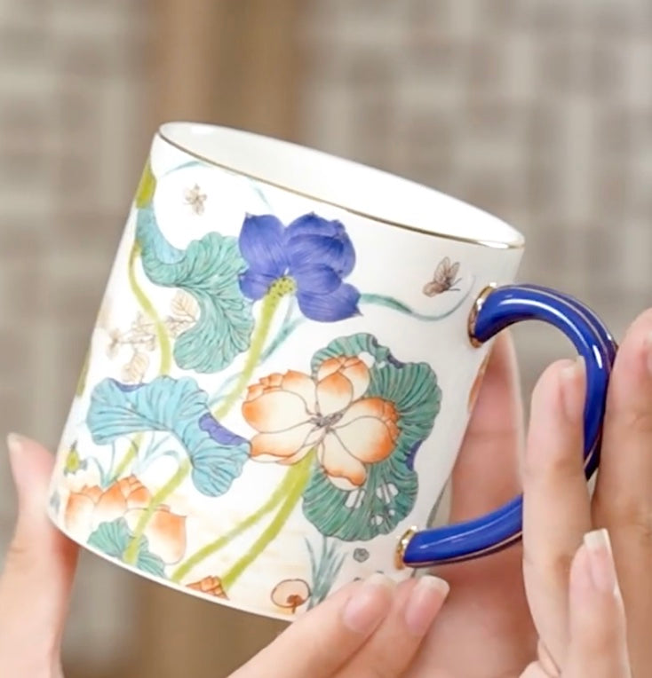 Hand-Painted Lotus Porcelain Mug