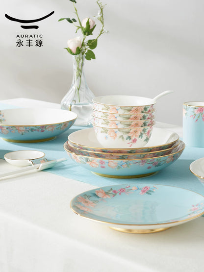 永丰源天青时代餐具 AURATIC Celeste Ceramic Dinnerware Set – Floral Pattern, 44-Piece Classic Edition for 6