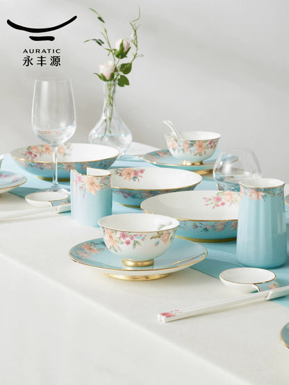 永丰源天青时代餐具 AURATIC Celeste Ceramic Dinnerware Set – Floral Pattern, 44-Piece Classic Edition for 6