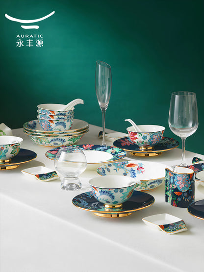 永丰源天青时代餐具 AURATIC Celeste Ceramic Dinnerware Set – Floral Pattern, 44-Piece Classic Edition for 6