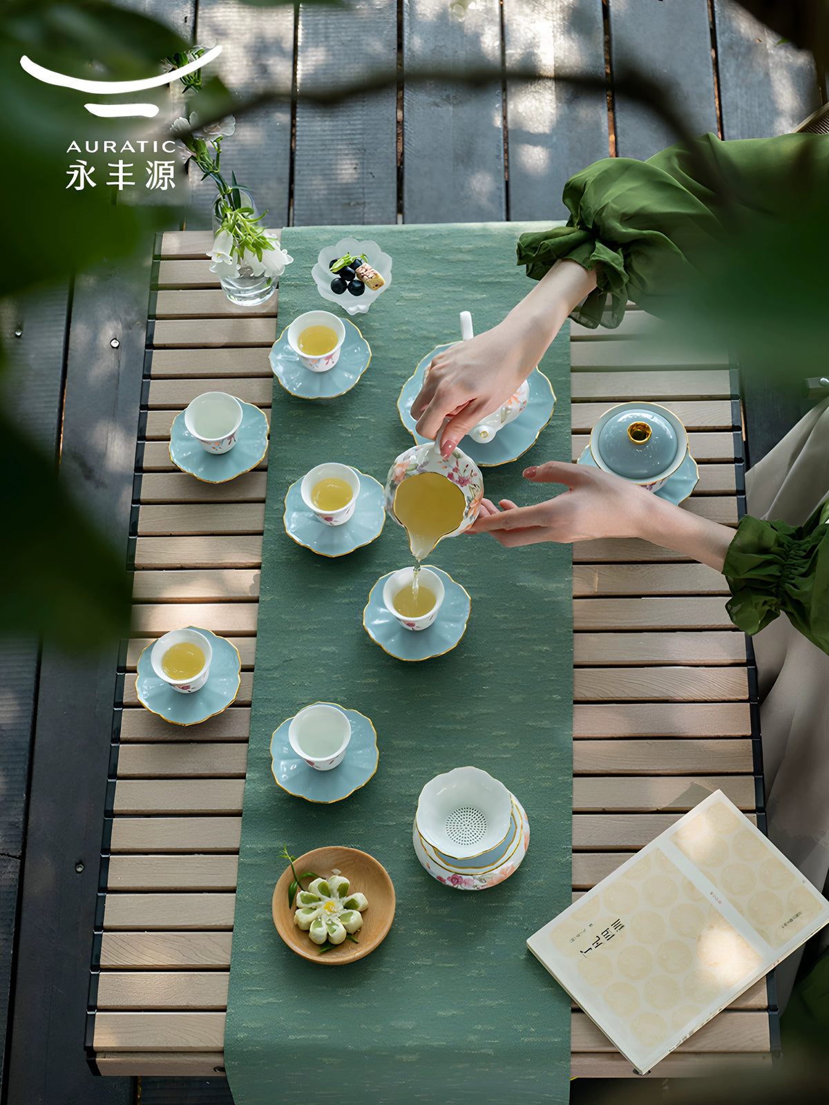 永丰源天青时代茶咖具 AURATIC Celeste Ceramic Tea Set – Bionic Petal Design, Floral Pattern, 4 to 22 Pieces