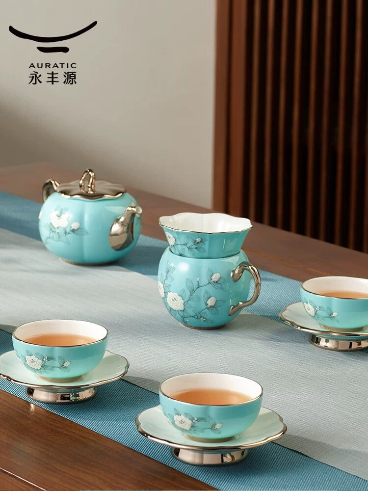 永丰源手绘蓝茶咖具 AURATIC Hand-Painted Blue Ceramic Tea Set – Hand-Painted Peonies, 6 to 33 Pieces