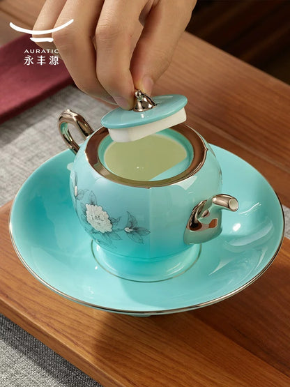 永丰源手绘蓝茶咖具 AURATIC Hand-Painted Blue Ceramic Tea Set – Hand-Painted Peonies, 6 to 33 Pieces