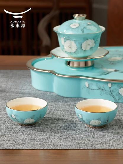 永丰源手绘蓝茶咖具 AURATIC Hand-Painted Blue Ceramic Tea Set – Hand-Painted Peonies, 6 to 33 Pieces