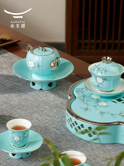 永丰源手绘蓝茶咖具 AURATIC Hand-Painted Blue Ceramic Tea Set – Hand-Painted Peonies, 6 to 33 Pieces