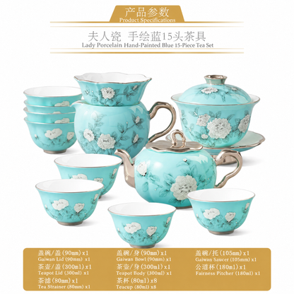 永丰源手绘蓝茶咖具 AURATIC Hand-Painted Blue Ceramic Tea Set – Hand-Painted Peonies, 6 to 33 Pieces