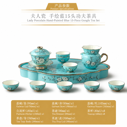 永丰源手绘蓝茶咖具 AURATIC Hand-Painted Blue Ceramic Tea Set – Hand-Painted Peonies, 6 to 33 Pieces