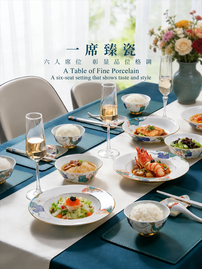 永丰源幸福和鸣餐具 AURATIC Lotus Breeze Ceramic Dinnerware Set – Summer Lotus Design with Hand-Painted Gold, 6 to 91 Pieces