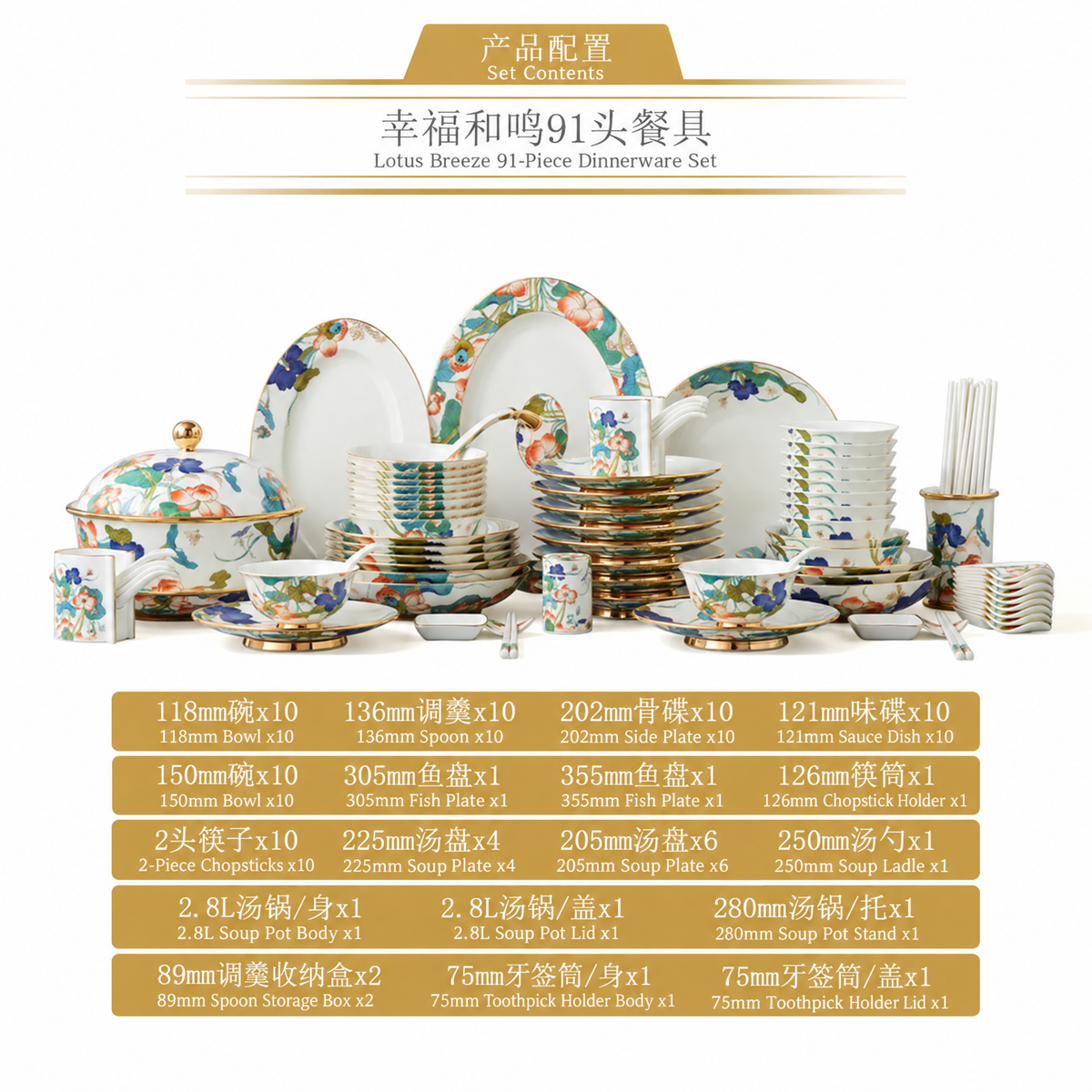 永丰源幸福和鸣餐具 AURATIC Lotus Breeze Ceramic Dinnerware Set – Summer Lotus Design with Hand-Painted Gold, 6 to 91 Pieces