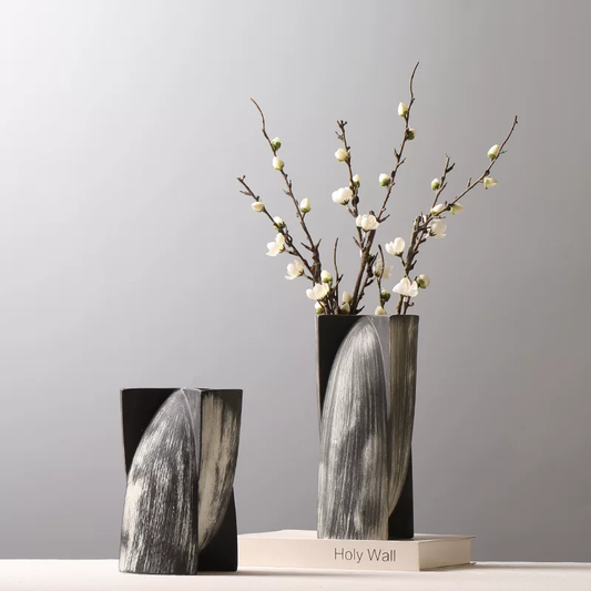 Black and white hand-scratched ceramic vase