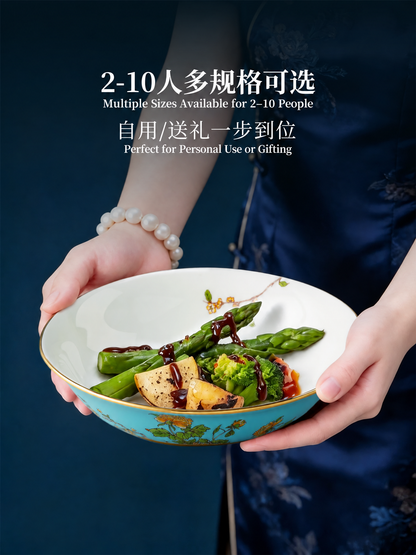 AURATIC West Lake Blue Ceramic Dinnerware Set with Gold Peony Detailing – Multiple Set Sizes