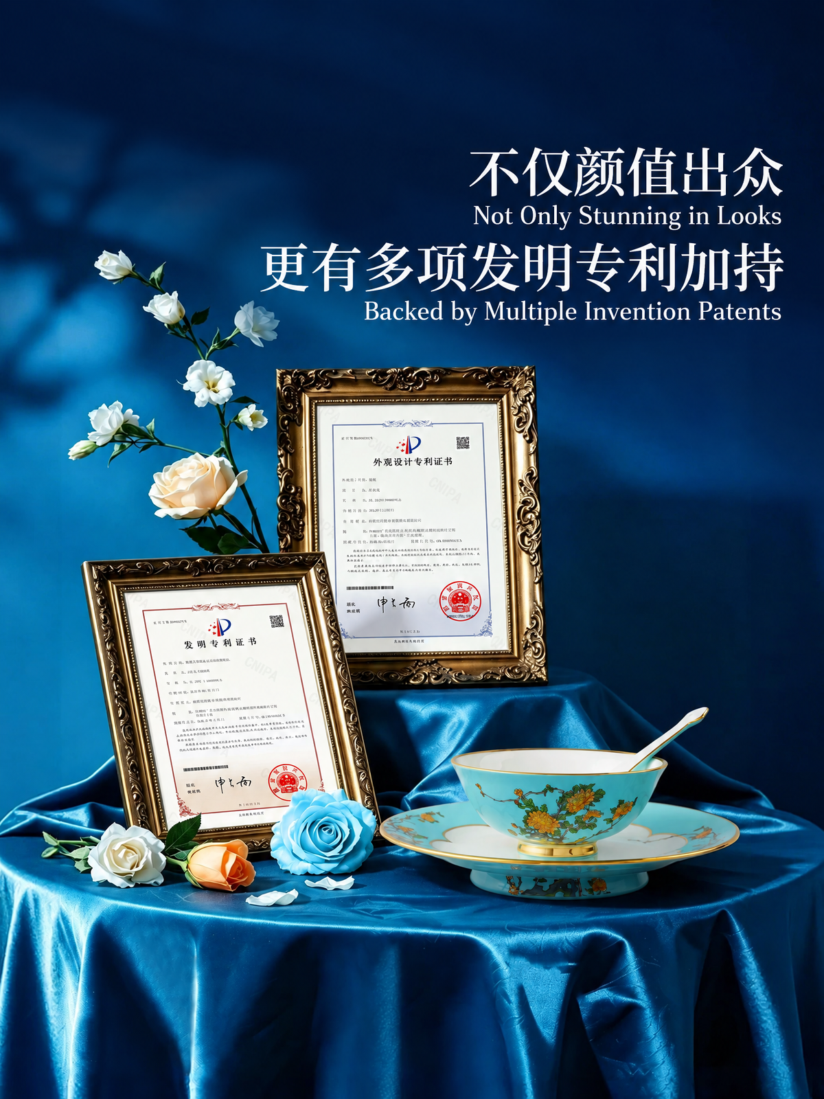 AURATIC West Lake Blue Ceramic Dinnerware Set with Gold Peony Detailing – Multiple Set Sizes
