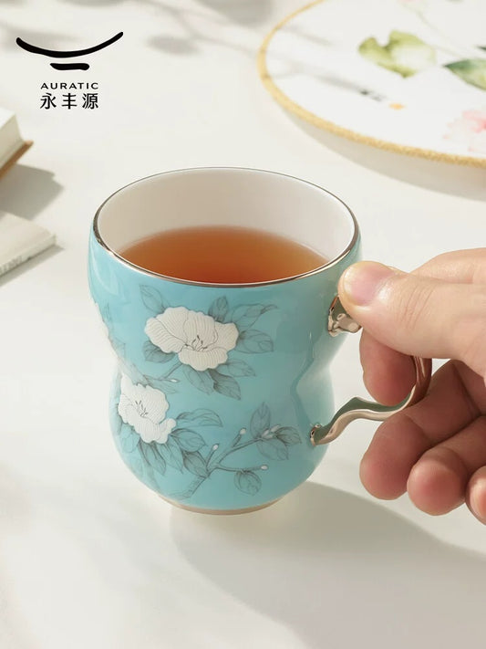 永丰源手绘蓝马克杯 AURATIC Hand-Painted Blue Ceramic Mug – Hand-Painted Floral Design, Single Cups and Lidded Cup Set