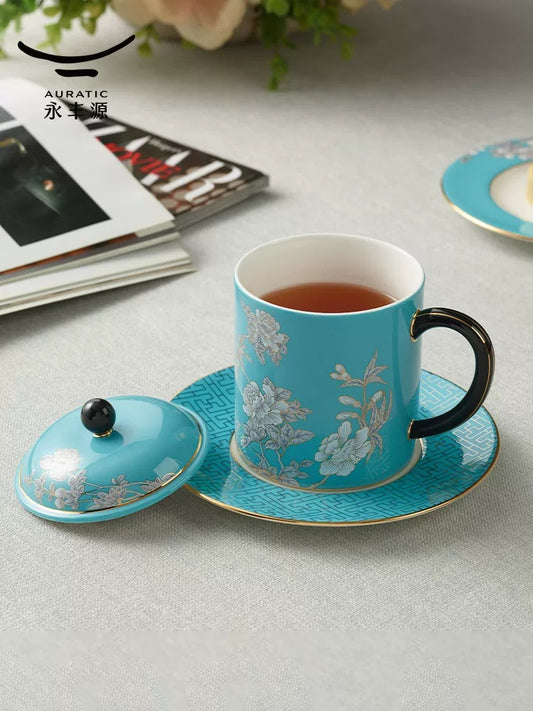 永丰源水墨牡丹马克杯 AURATIC Ink&Brush Peony Ceramic Mug – Blue Glaze with Peony Design, Mugs and Lidded Cup Sets
