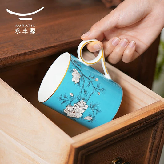 永丰源玉堂逢春马克杯 AURATIC Magnolia Welcomes Spring Ceramic Mug – Lake-Blue Glaze with White Magnolia, 350ml, 4 Designs