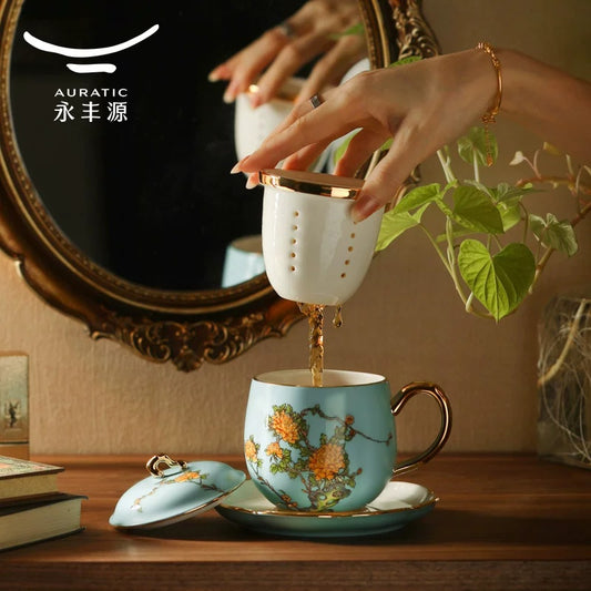 永丰源夫人瓷西湖蓝茶杯马克杯 AURATIC Lady Turquoia Ceramic Lidded Teacup and Mug – West Lake Blue, with Tea Strainer, Gift Box