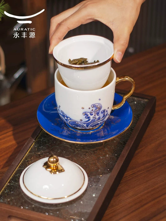 永丰源海上明珠马克杯 AURATIC Pearl d'Orient Ceramic Mug – Wave Pattern with Gold or Platinum Trim, Mug, Conference Cups, Lidded Cup Sets and Silk Gift Set