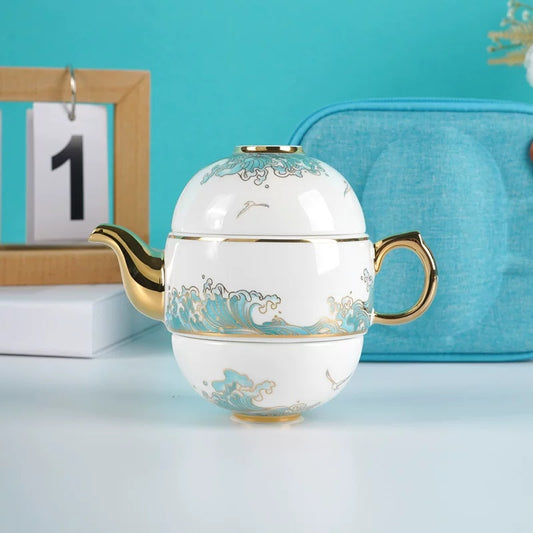 永丰源海阔天高旅行茶具 AURATIC Vast Sea, High Sky Ceramic Travel Tea Set – Gold Wave Pattern, 4-Piece Portable Tea Set, Gift Box