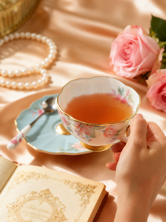 永丰源天青时代咖啡杯碟 AURATIC Celeste Ceramic Coffee Cup and Saucer Set – 3-Piece, Petal-Inspired Form, Gift Box