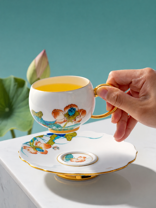 永丰源幸福和鸣杯碟 AURATIC Lotus Breeze Ceramic Coffee Cup and Saucer Set – 2-Piece, Hand-Painted Lotus with Gold Trim, Gift Box