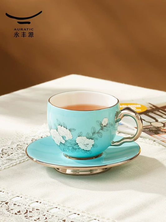永丰源手绘蓝咖啡杯碟 AURATIC Hand-Painted Blue Ceramic Coffee Cup and Saucer Set – 2-Piece, Hand-Painted Peony, Gift Box