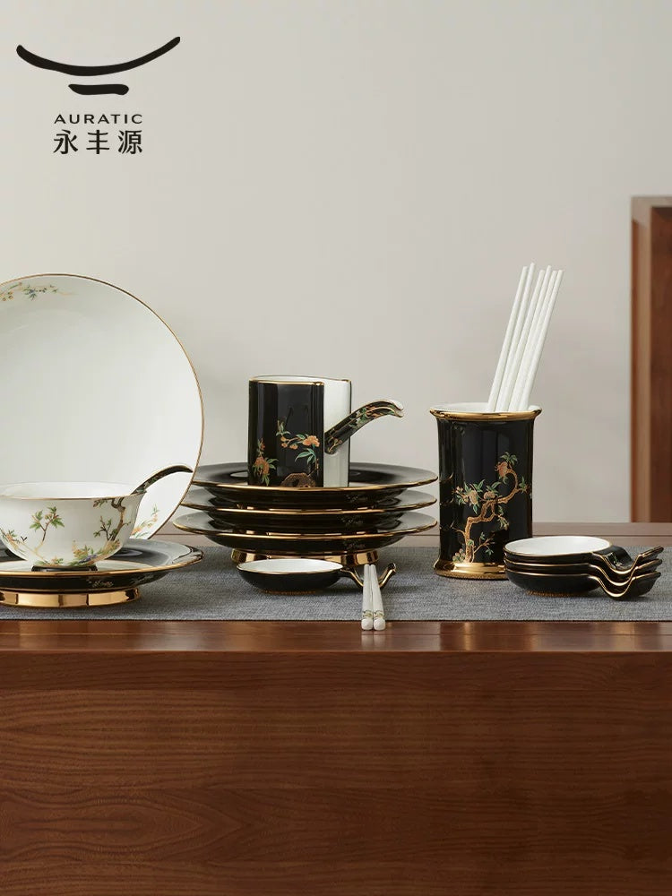 永丰源石榴家园餐具 AURATIC Pomeland Ceramic Dinnerware Set – Pomegranate Blossom Design with Gold Trim, 31 to 91 Pieces