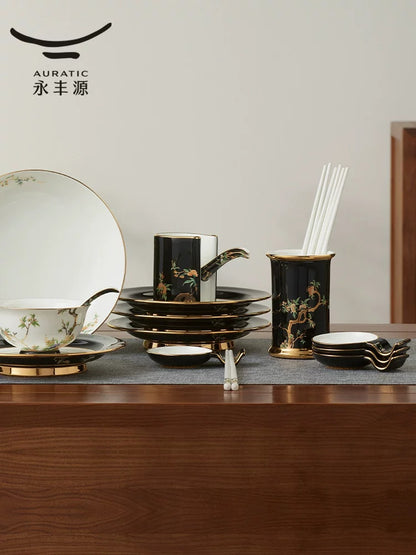 永丰源石榴家园餐具 AURATIC Pomeland Ceramic Dinnerware Set – Pomegranate Blossom Design with Gold Trim, 31 to 91 Pieces