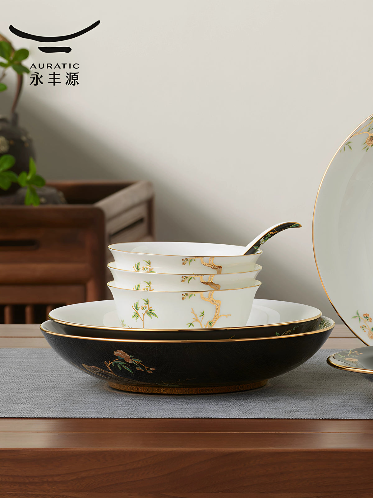 永丰源石榴家园餐具 AURATIC Pomeland Ceramic Dinnerware Set – Pomegranate Blossom Design with Gold Trim, 31 to 91 Pieces