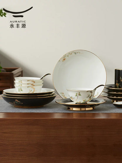 永丰源石榴家园餐具 AURATIC Pomeland Ceramic Dinnerware Set – Pomegranate Blossom Design with Gold Trim, 31 to 91 Pieces