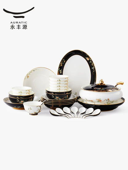 永丰源石榴家园餐具 AURATIC Pomeland Ceramic Dinnerware Set – Pomegranate Blossom Design with Gold Trim, 31 to 91 Pieces