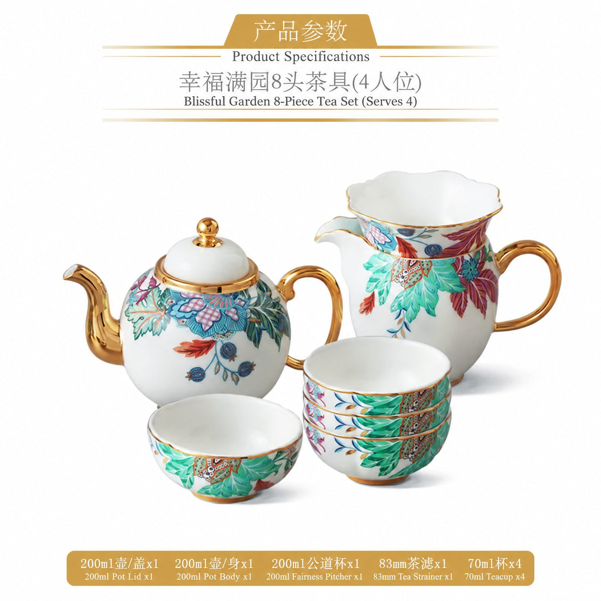 8-Piece Tea Set (4 Person) - Happiness Garden porcelain, Auratic 永丰源