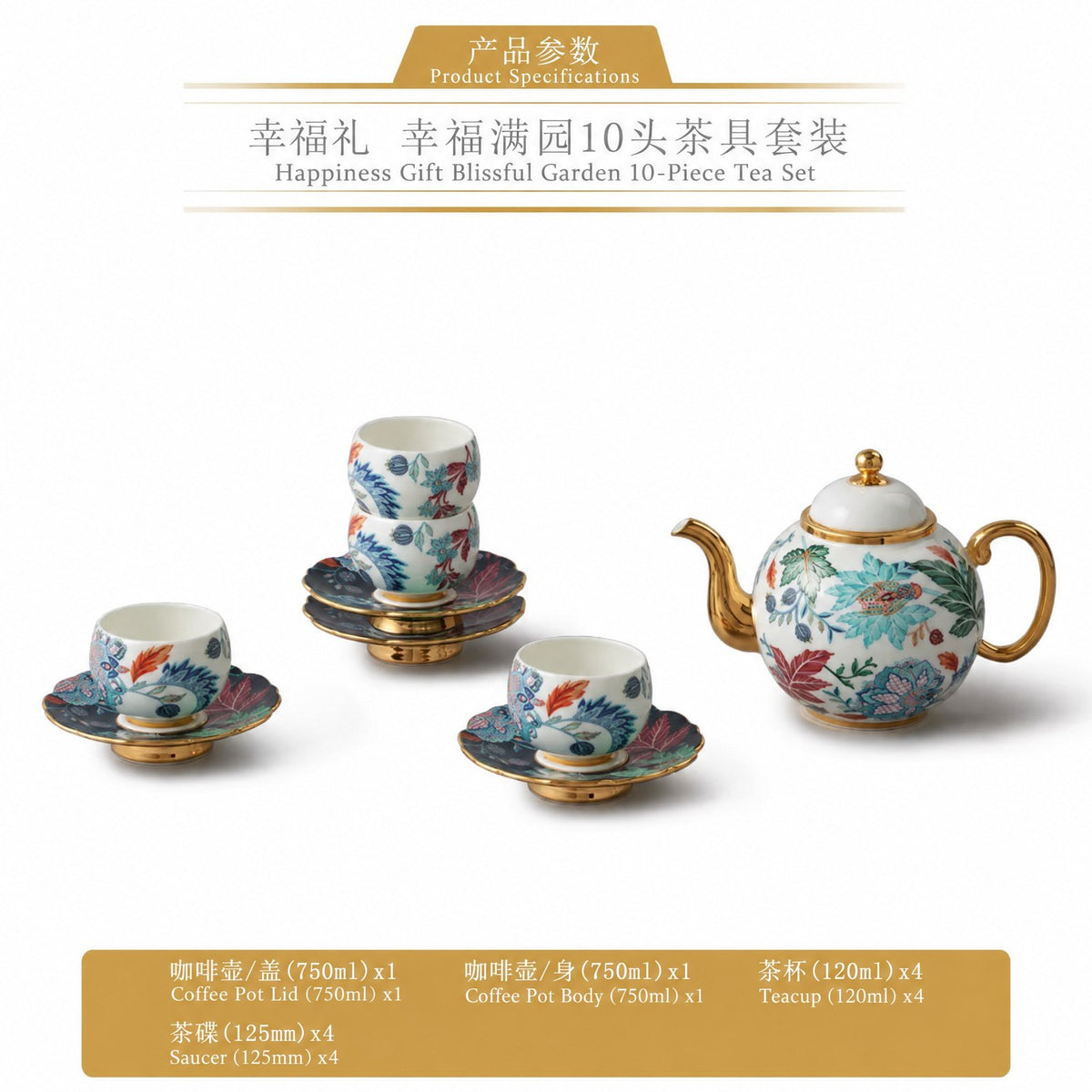 10-Piece Tea Set (4 Person) - Happiness Garden porcelain, Auratic 永丰源