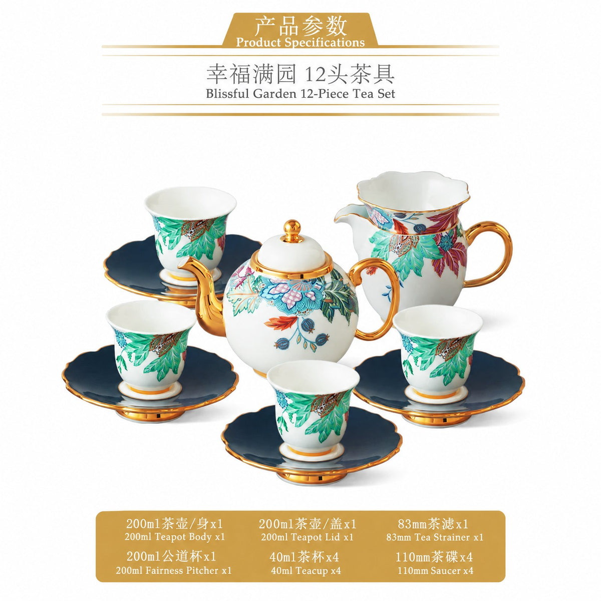 12-Piece Tea Set (4 Person) - Happiness Garden porcelain, Auratic 永丰源